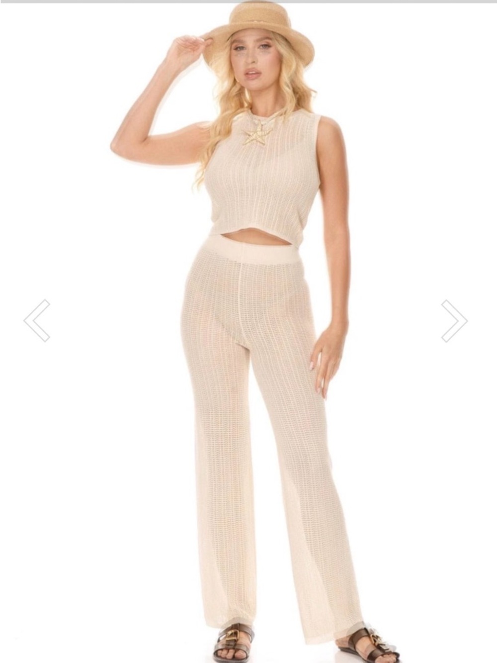 Sleeveless Knit Crop Top & Wide-Leg Pants Set - Cream